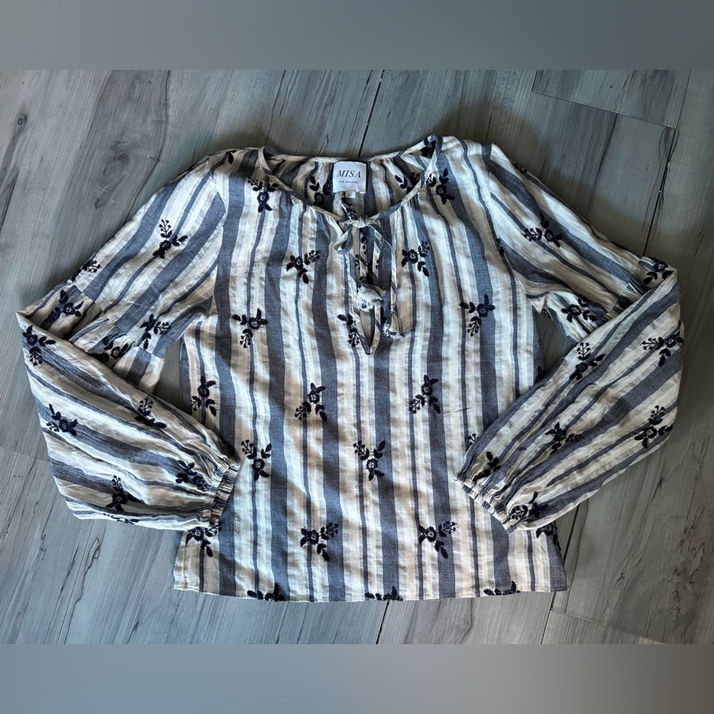Peasant Blouse Women's Size S White Blue Stripe Floral Long Sleeve Bohemian Vibe